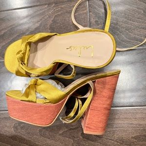 Gold Satin Ankle Strap Wooden Platform Sandals
